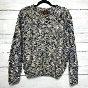 POL Textured Knit Sweater Blue Beige Chunky Boho Cozy Pullover Size Small